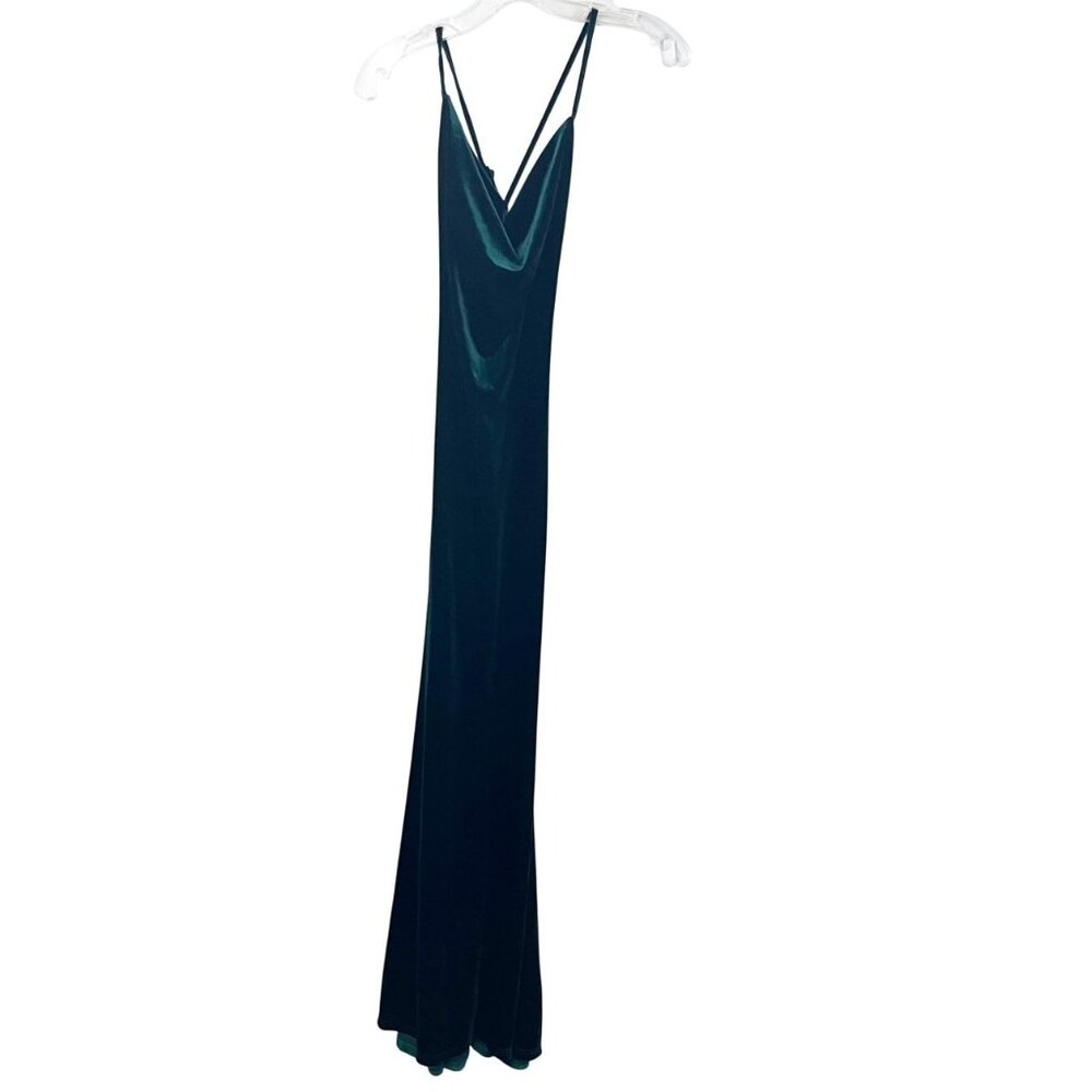 Faeriesty Green Velvet Cowl Neck Formal Maxi Dress Gown Criss Cross Back Size XS